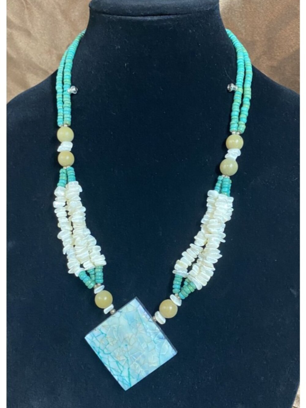 Teal 2" Square Pendant Turquoise Tan Bead Necklace
